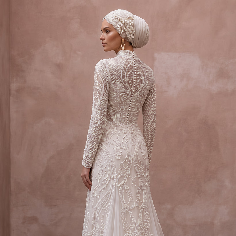Muslim Lace Wedding Dress with Long Sleeves and High Neck