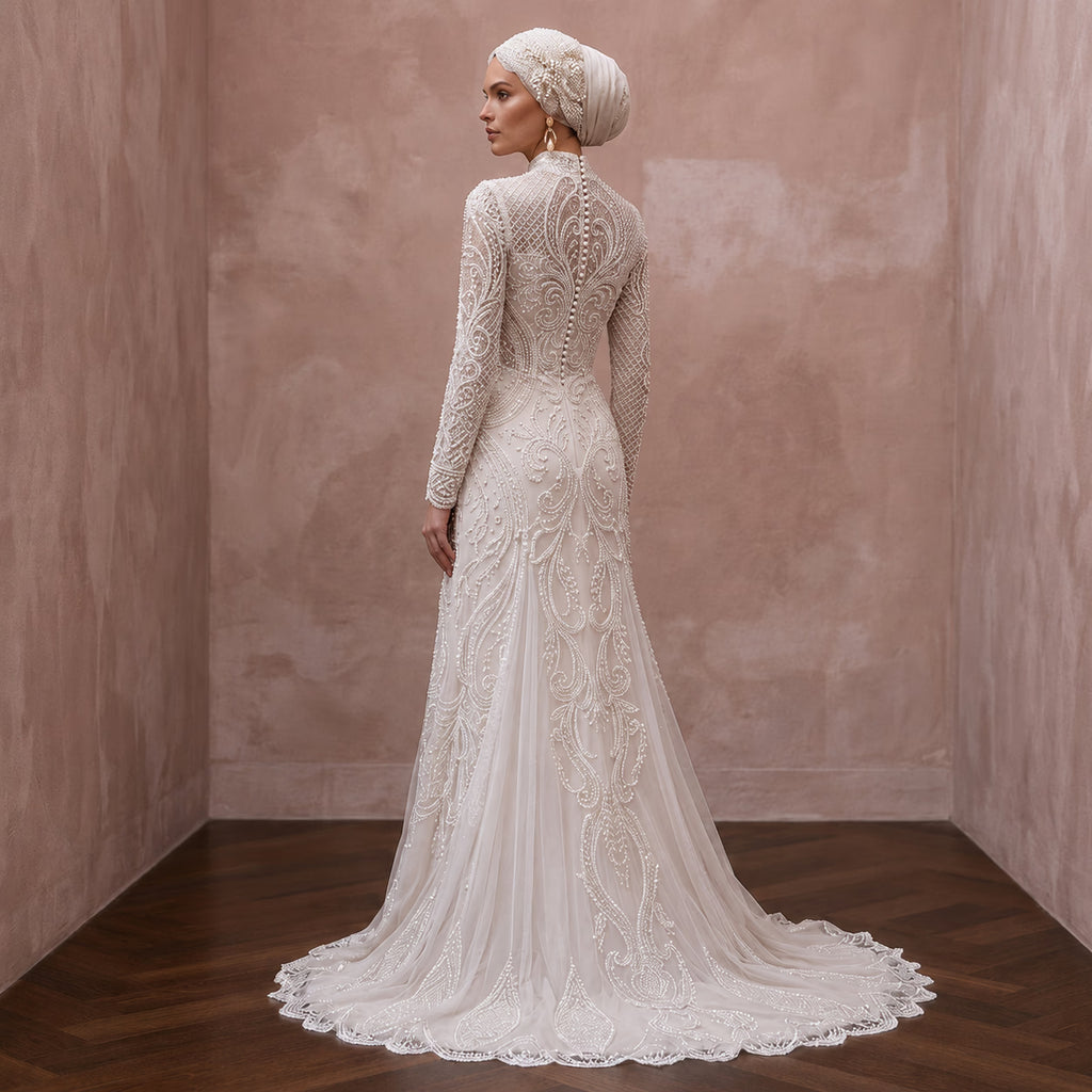 Muslim Lace Wedding Dress with Long Sleeves and High Neck