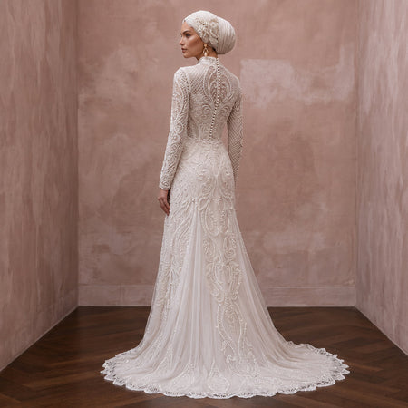 Muslim Lace Wedding Dress with Long Sleeves and High Neck
