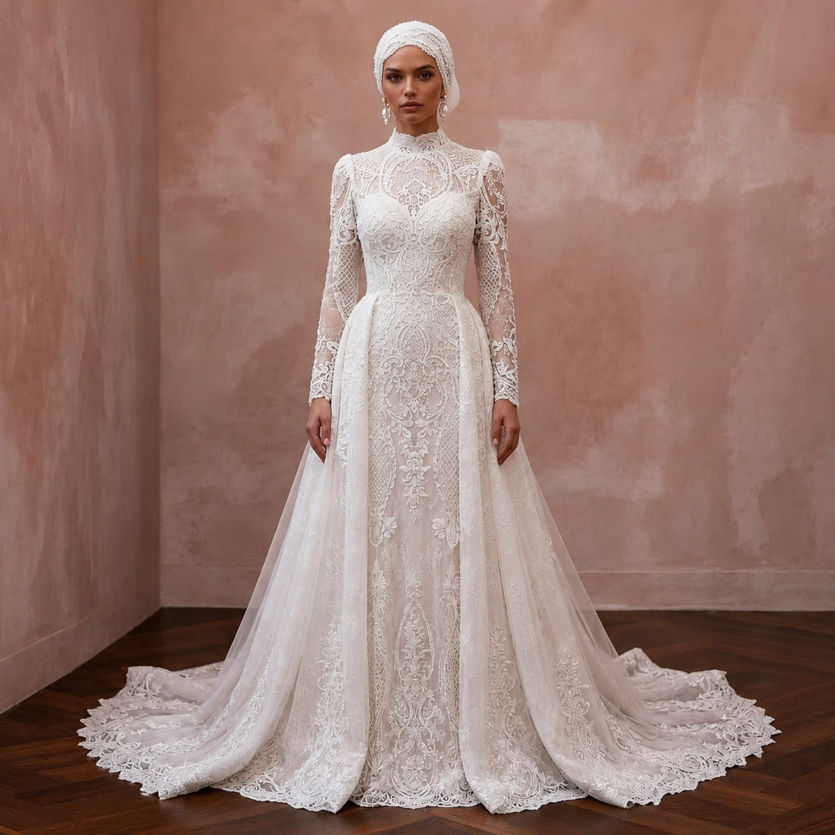Muslim Lace Wedding Gown with High Neck and Detachable Train - Apparel & Accessories > Clothing > Wedding & Bridal Party Dresses > Wedding Dresses - Mignonette Bridal Main image