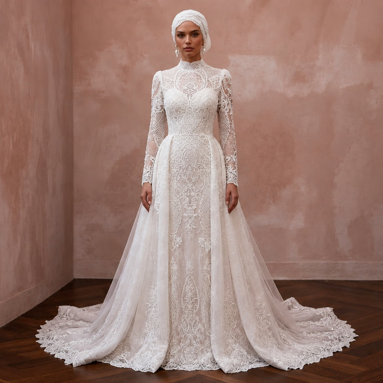 Muslim Lace Wedding Gown with High Neck and Detachable Train
