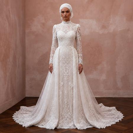 Muslim Lace Wedding Gown with High Neck and Detachable Train