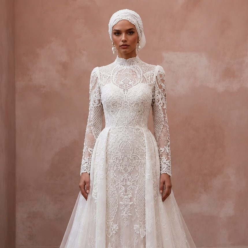 Muslim Lace Wedding Gown with High Neck and Detachable Train