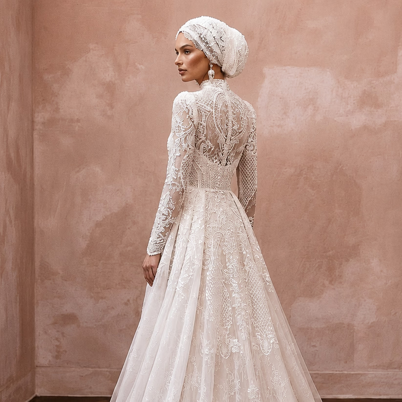 Muslim Lace Wedding Gown with High Neck and Detachable Train