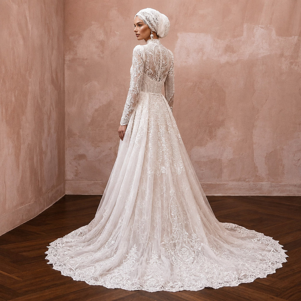 Muslim Lace Wedding Gown with High Neck and Detachable Train