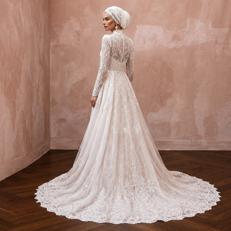 Muslim Lace Wedding Gown with High Neck and Detachable Train