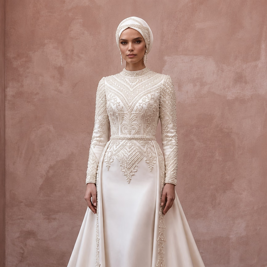 Muslim Modest Wedding Dress with Long Sleeves and Detachable Train