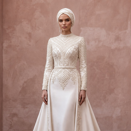 Muslim Modest Wedding Dress with Long Sleeves and Detachable Train