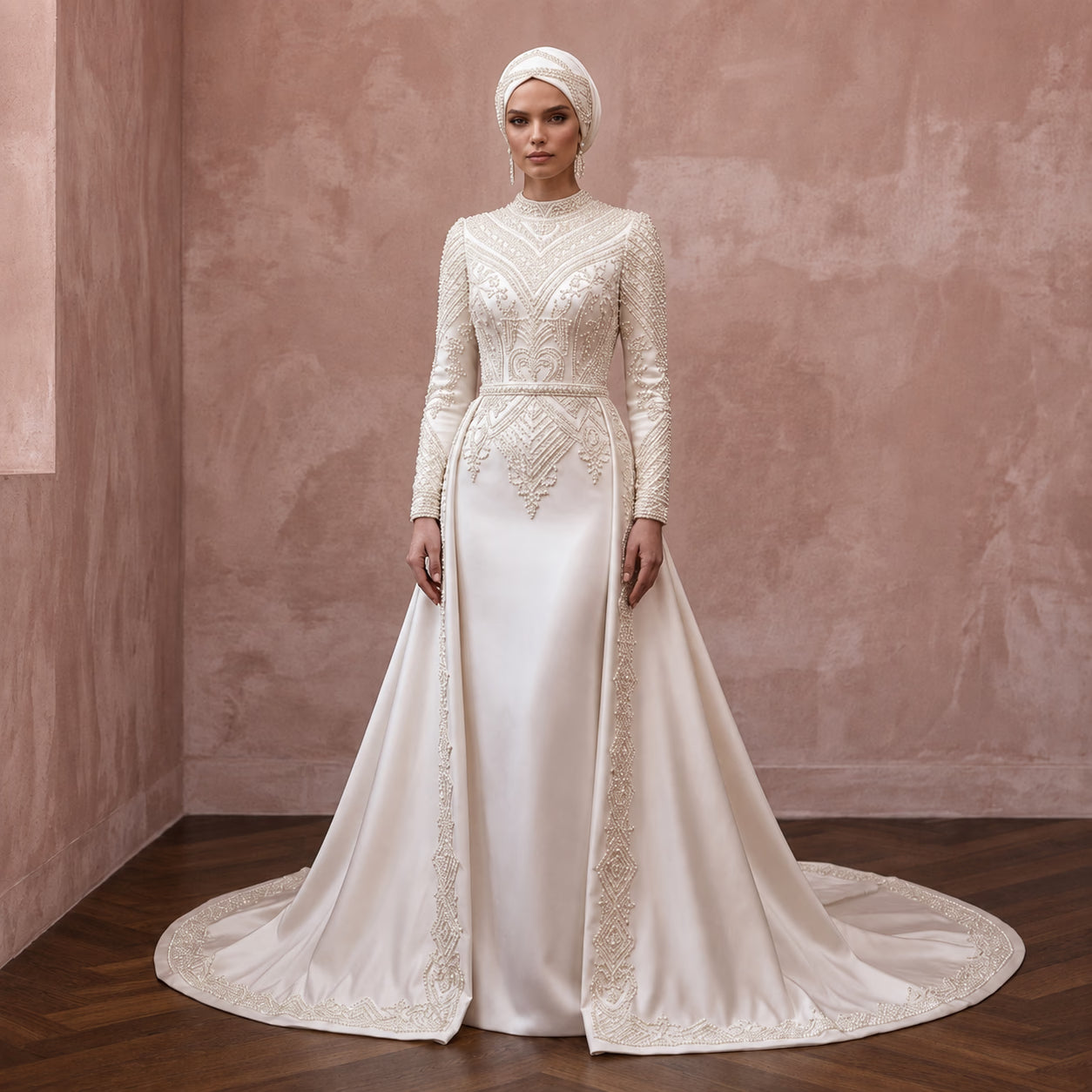 Muslim Modest Wedding Dress with Long Sleeves and Detachable Train