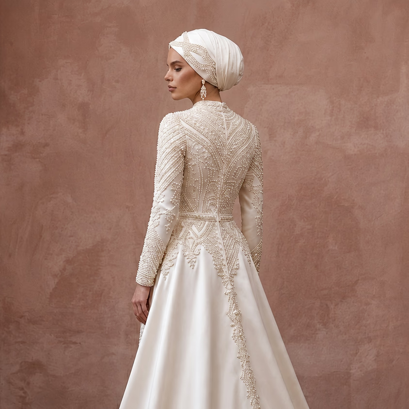 Muslim Modest Wedding Dress with Long Sleeves and Detachable Train