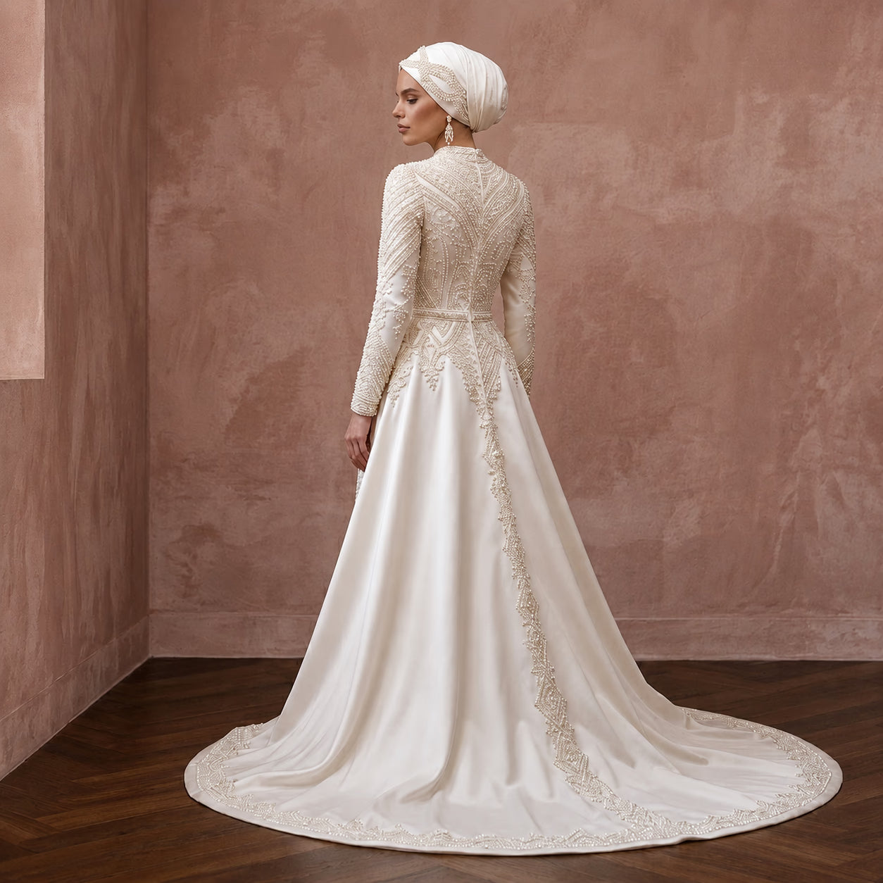 Muslim Modest Wedding Dress with Long Sleeves and Detachable Train