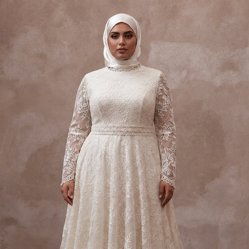 Muslim Plus Size Lace Wedding Dress with Long Sleeves