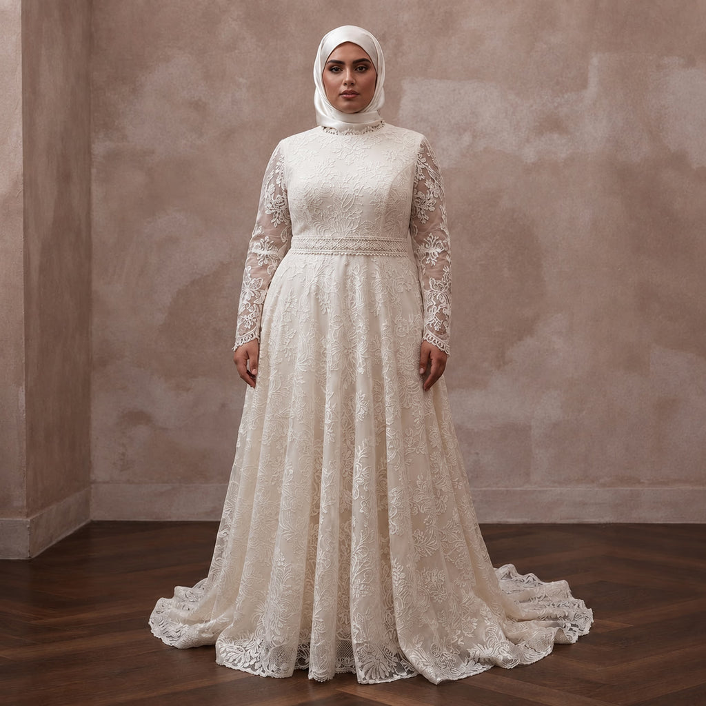 Muslim Plus Size Lace Wedding Dress with Long Sleeves