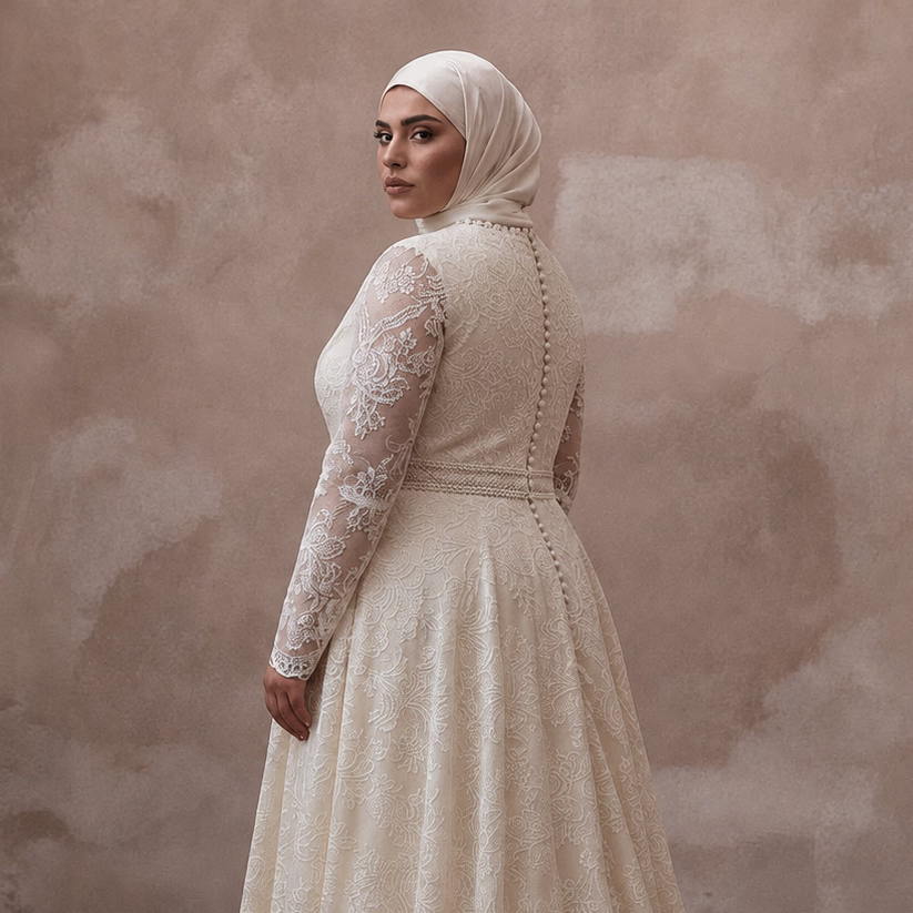 Muslim Plus Size Lace Wedding Dress with Long Sleeves