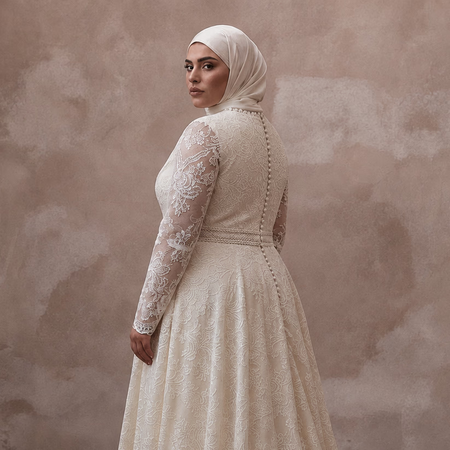 Muslim Plus Size Lace Wedding Dress with Long Sleeves