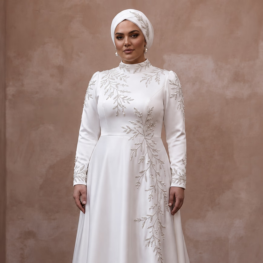Muslim Plus Size Satin Wedding Dress with High Neck