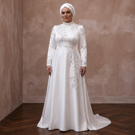Muslim Plus Size Satin Wedding Dress with High Neck