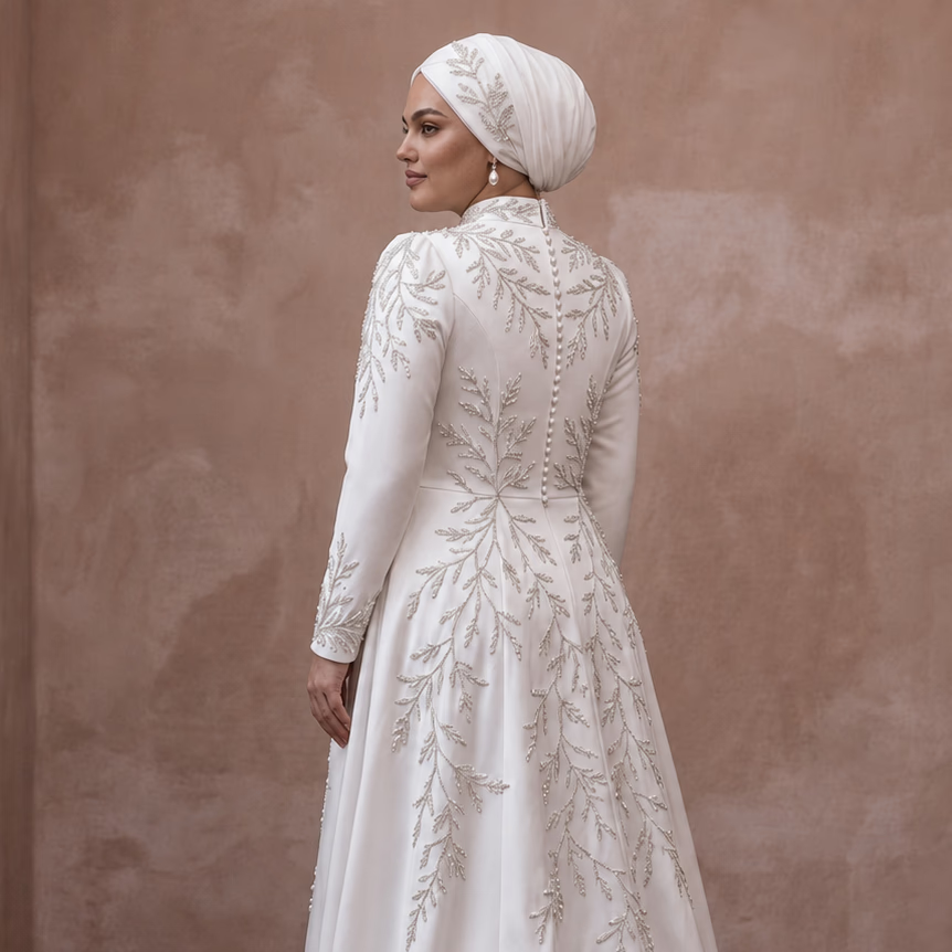 Muslim Plus Size Satin Wedding Dress with High Neck