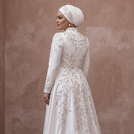 Muslim Plus Size Satin Wedding Dress with High Neck