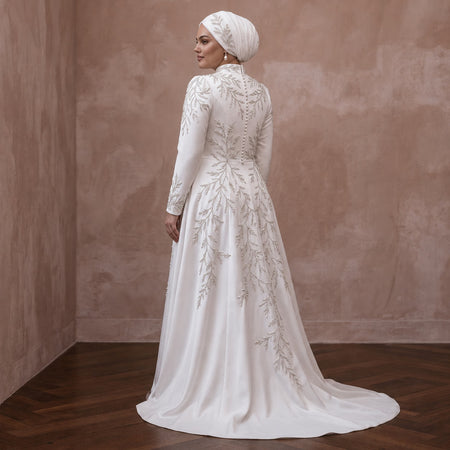 Muslim Plus Size Satin Wedding Dress with High Neck