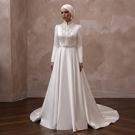 Muslim Satin Bridal Dress with High Neck and Long Sleeves