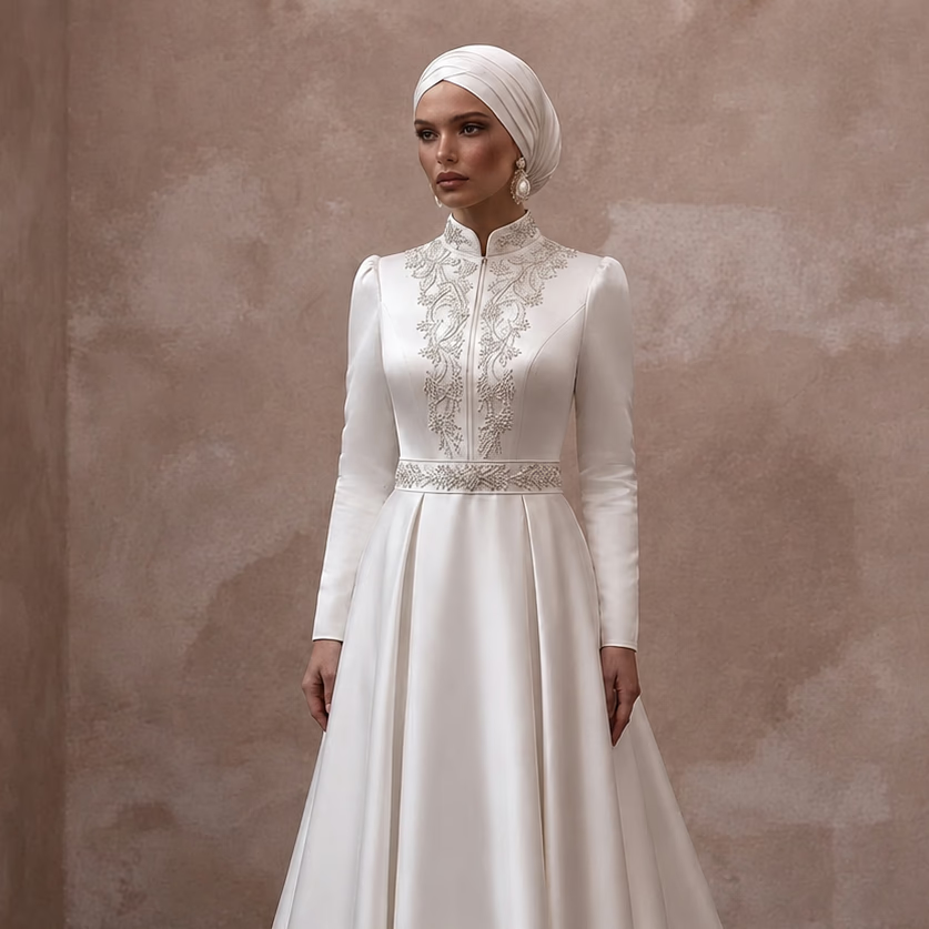 Muslim Satin Bridal Dress with High Neck and Long Sleeves