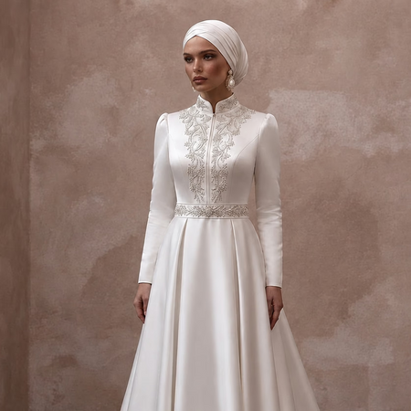 Muslim Satin Bridal Dress with High Neck and Long Sleeves