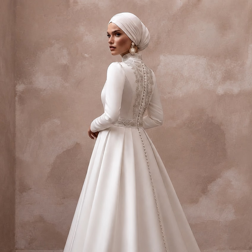 Muslim Satin Bridal Dress with High Neck and Long Sleeves