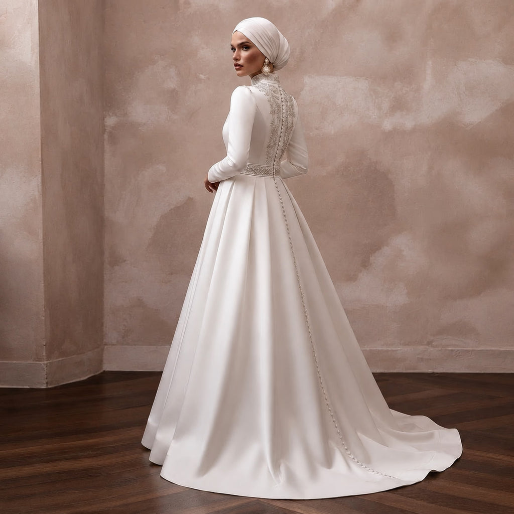 Muslim Satin Bridal Dress with High Neck and Long Sleeves