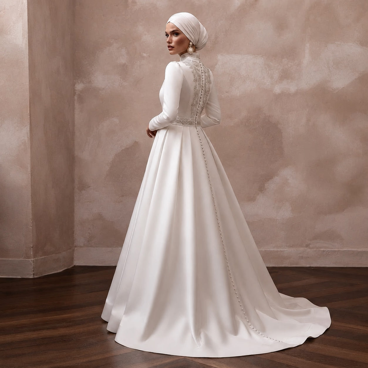 Muslim Satin Bridal Dress with High Neck and Long Sleeves