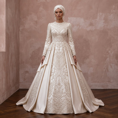 Muslim Satin Wedding Dress with Long Sleeves and Ball Gown Silhouette