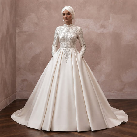 Muslim Satin Wedding Dress with Long Sleeves and Ball Gown Silhouette