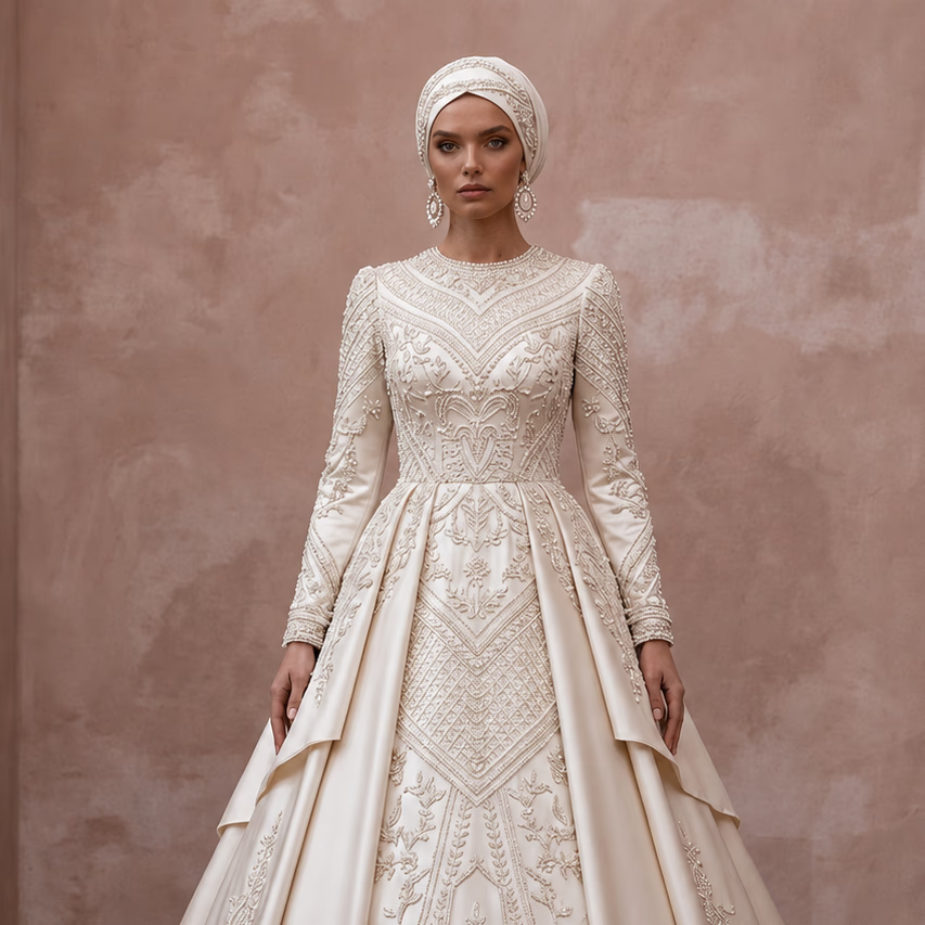 Muslim Satin Wedding Dress with Long Sleeves and Ball Gown Silhouette