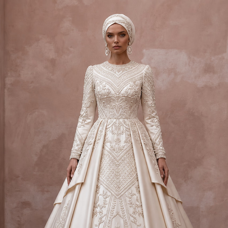 Muslim Satin Wedding Dress with Long Sleeves and Ball Gown Silhouette
