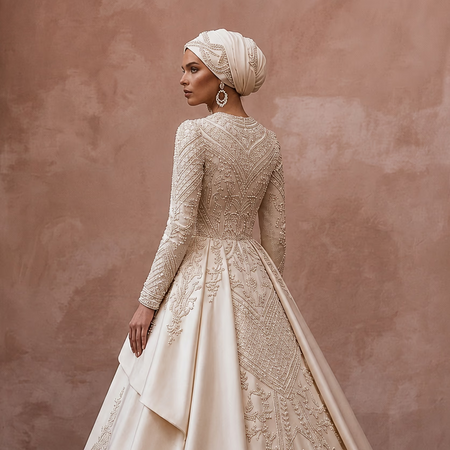 Muslim Satin Wedding Dress with Long Sleeves and Ball Gown Silhouette