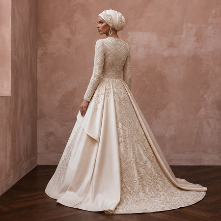 Muslim Satin Wedding Dress with Long Sleeves and Ball Gown Silhouette