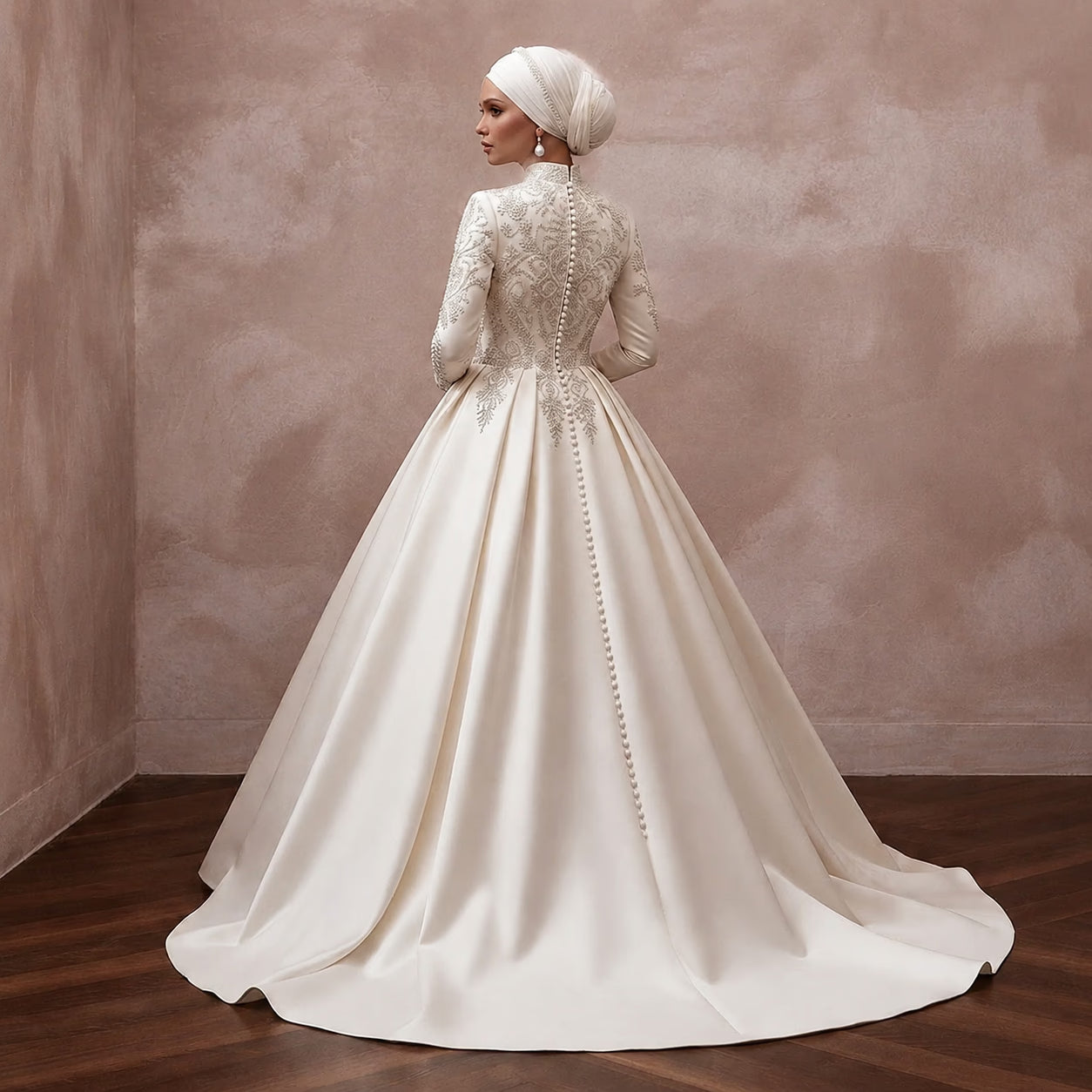 Muslim Satin Wedding Dress with Long Sleeves and Ball Gown Silhouette