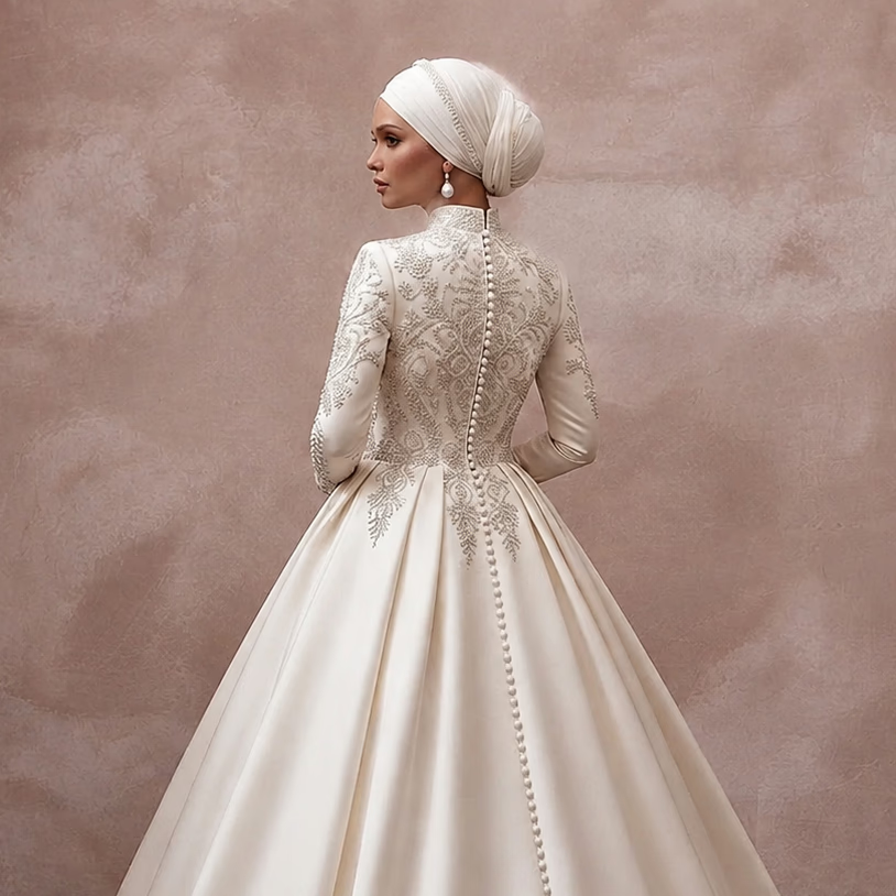 Muslim Satin Wedding Dress with Long Sleeves and Ball Gown Silhouette