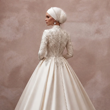 Muslim Satin Wedding Dress with Long Sleeves and Ball Gown Silhouette