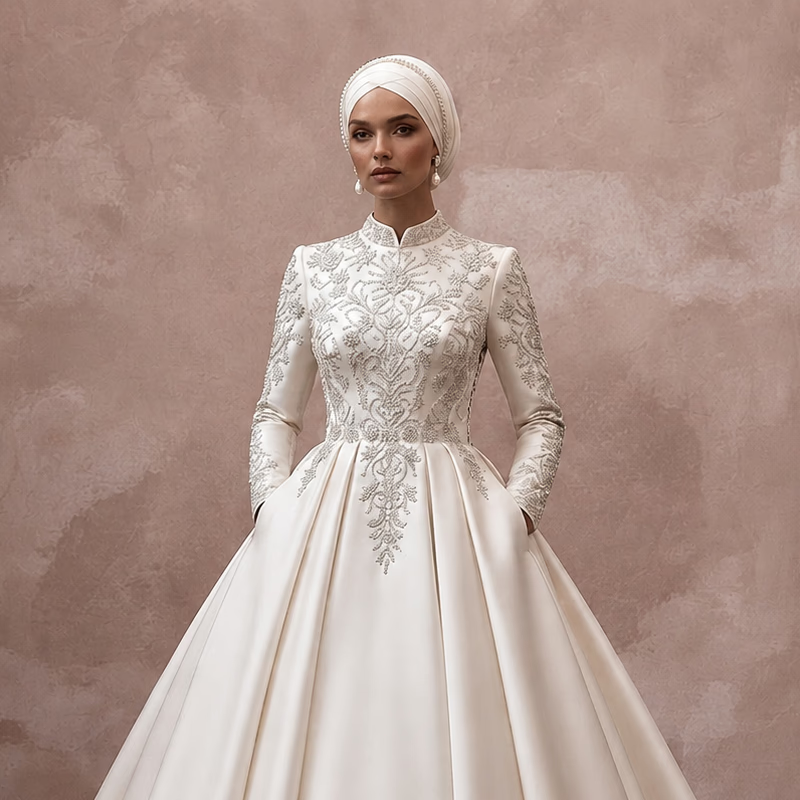 Muslim Satin Wedding Dress with Long Sleeves and Ball Gown Silhouette