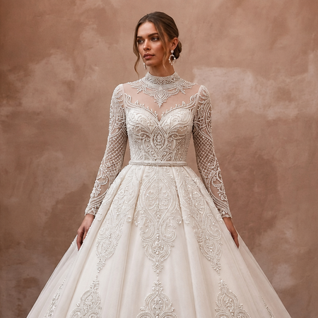 Muslim Tulle Ball Gown Wedding Dress with Long Sleeves