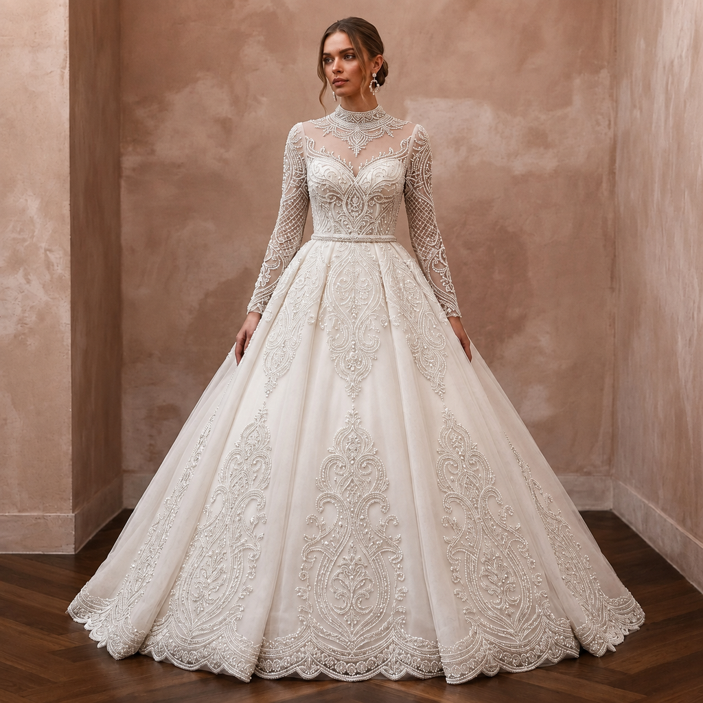 Muslim Tulle Ball Gown Wedding Dress with Long Sleeves