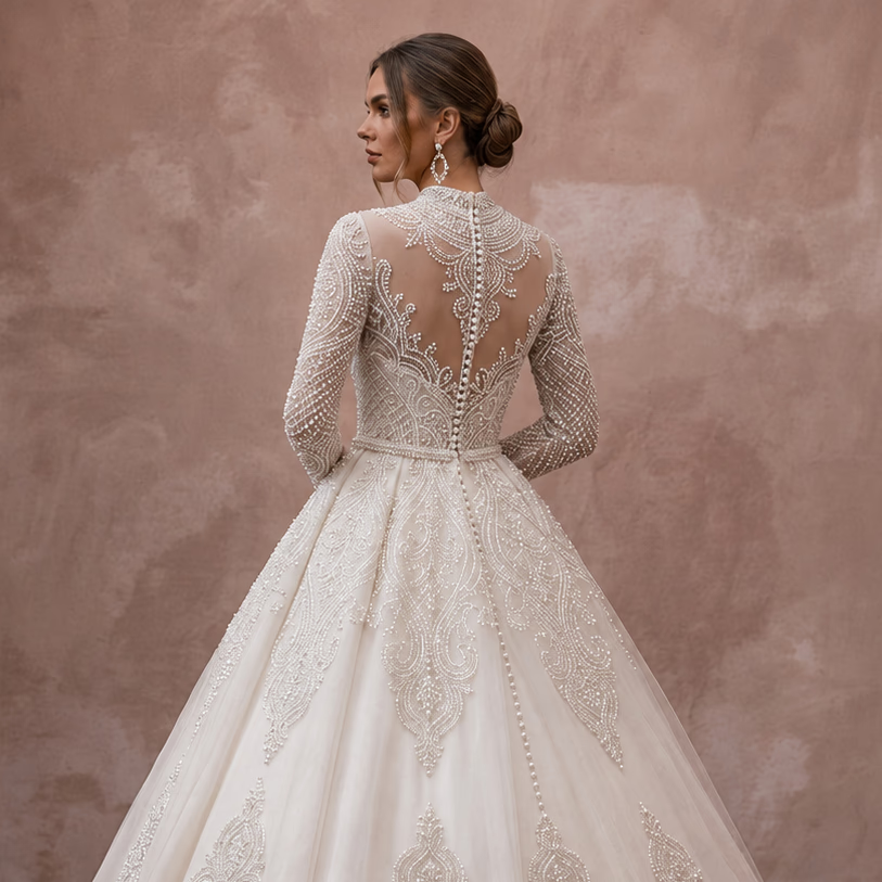 Muslim Tulle Ball Gown Wedding Dress with Long Sleeves - Apparel & Accessories > Clothing > Wedding & Bridal Party Dresses > Wedding Dresses - Mignonette Bridal