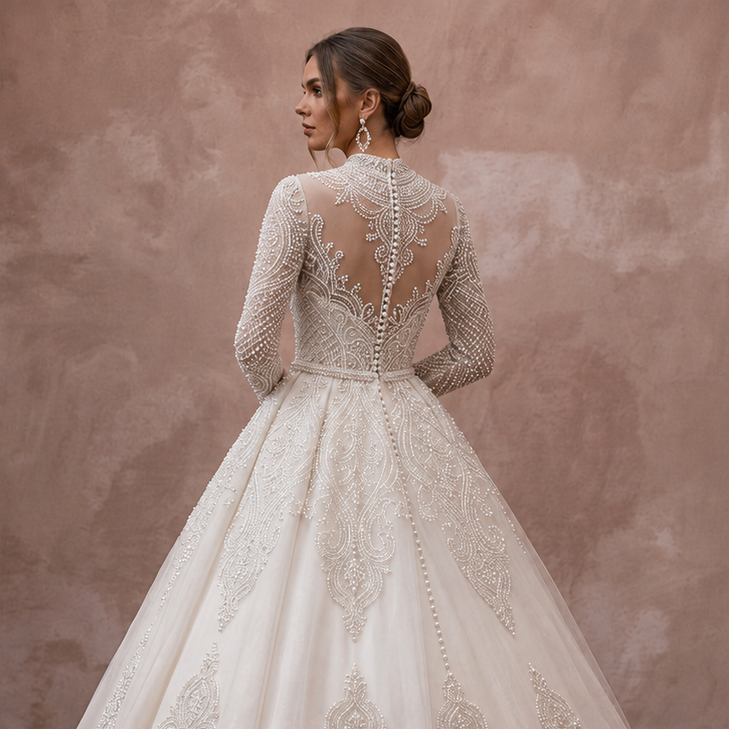 Muslim Tulle Ball Gown Wedding Dress with Long Sleeves