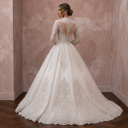 Muslim Tulle Ball Gown Wedding Dress with Long Sleeves