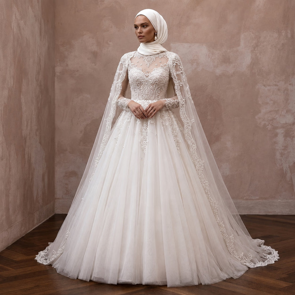 Muslim Tulle Wedding Dress with Cape and Ball Gown Silhouette
