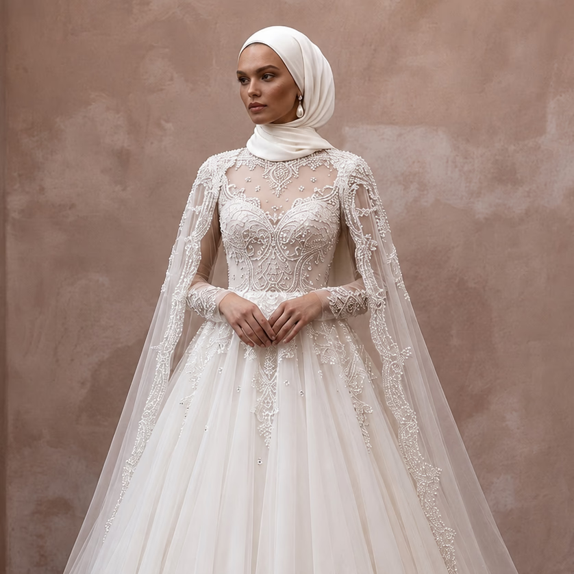 Muslim Tulle Wedding Dress with Cape and Ball Gown Silhouette