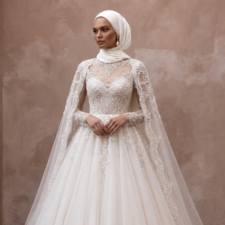 Muslim Tulle Wedding Dress with Cape and Ball Gown Silhouette