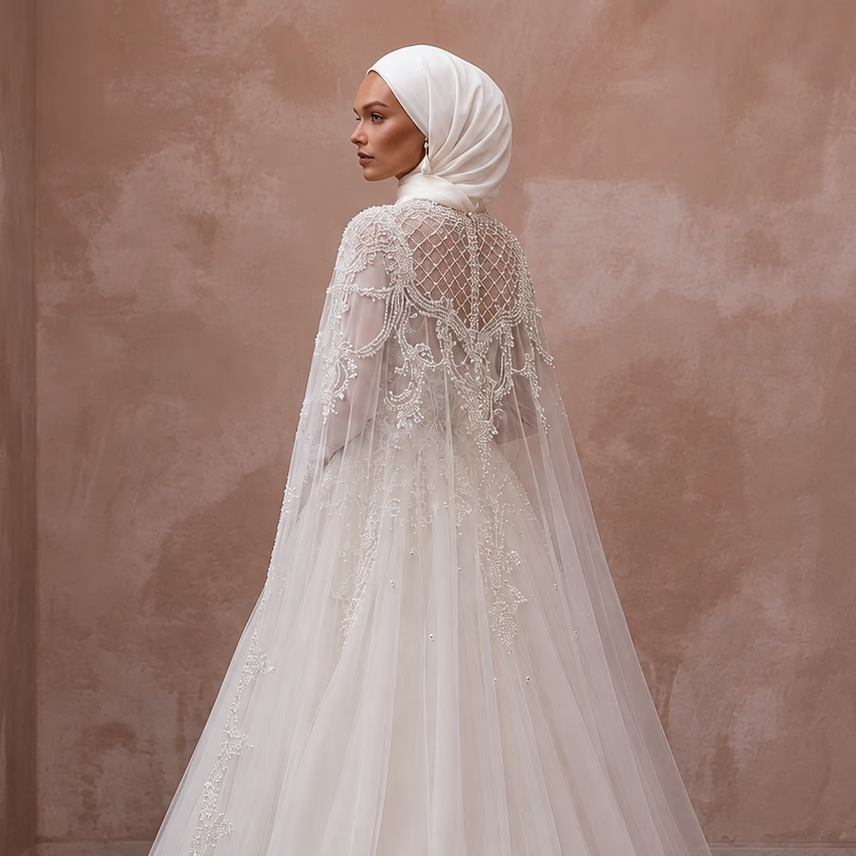 Muslim Tulle Wedding Dress with Cape and Ball Gown Silhouette