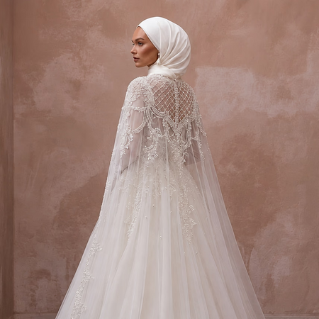 Muslim Tulle Wedding Dress with Cape and Ball Gown Silhouette